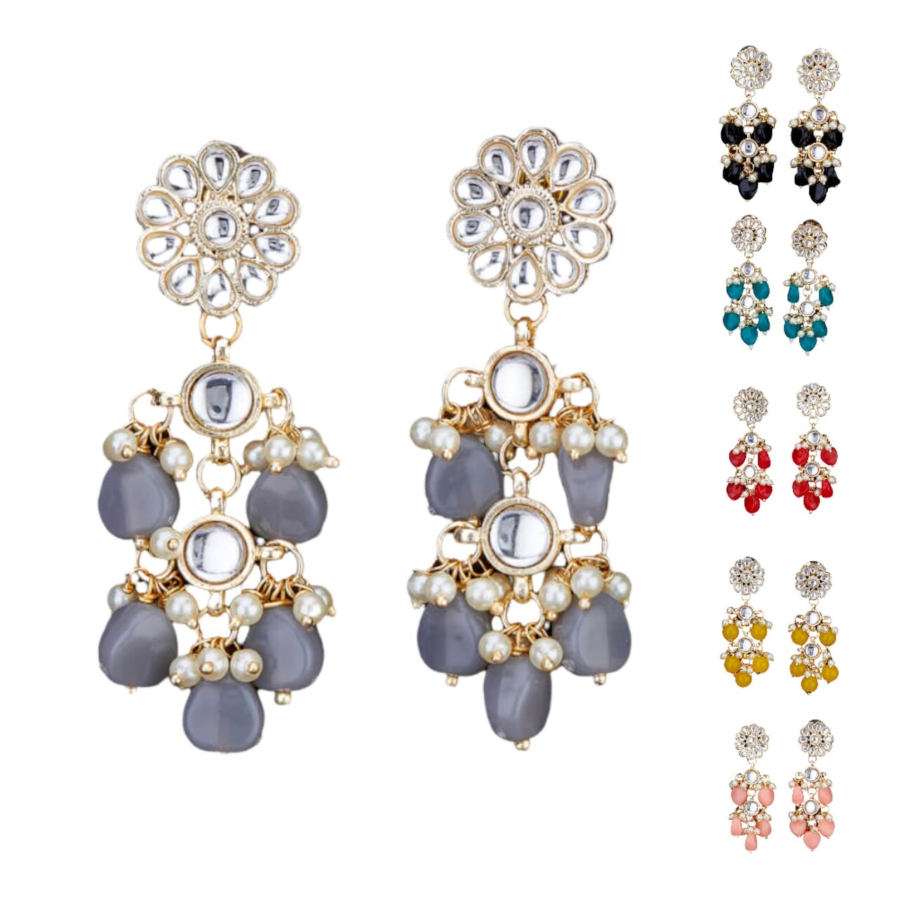 Indian Jhumka Earrings for Women - Large Floral Kundan Faux Pearls Drop Chanbali Earrings Indian Jhumki Ethnic Beaded Bollywood Style Dangle Earrings Jewelry for Bride Birthday Gift for Her